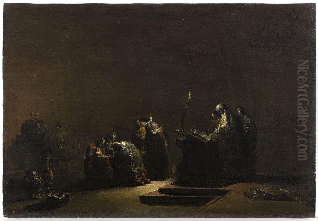 The circumcision of the Christ-child by the priest in the temple Oil Painting by Leonaert Bramer