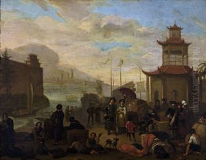 Hollandse kooplieden, handel drijvend in een Chinese haven