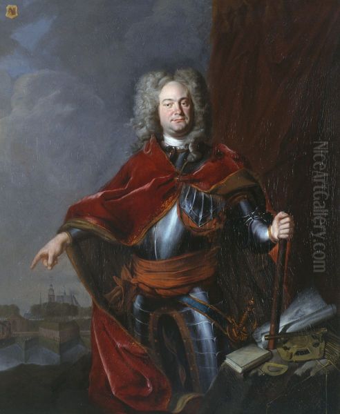 Dr Gerrit Sichterman, Commandeur van de vesting Grave, wijzend op Grave, zijn dissertatie in de hand, Oil Painting by Cornelis Troost