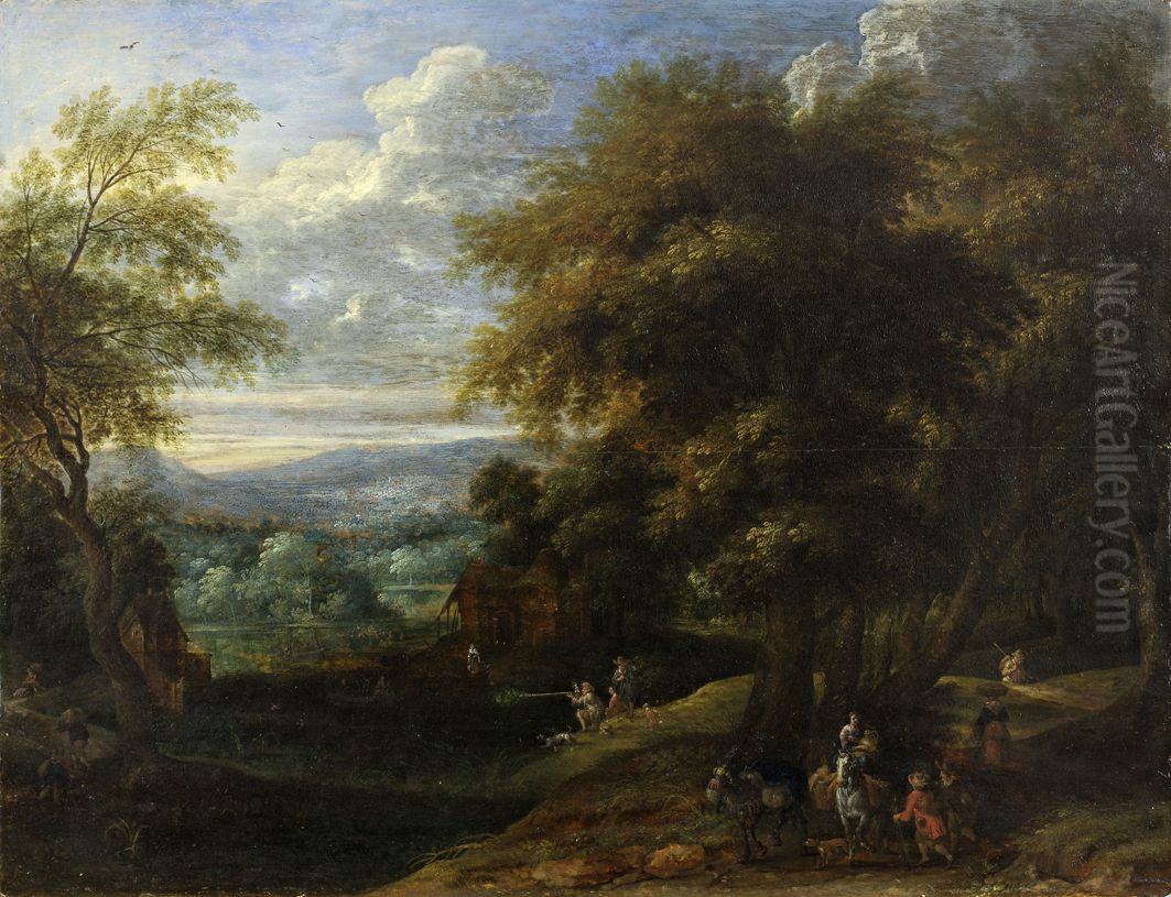 Wooded landscape with hunters and travellers Oil Painting by Jacques d'Arthois