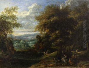 Wooded landscape with hunters and travellers