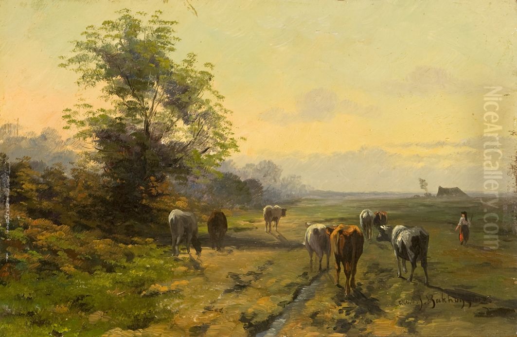 Vee op landweg, Oil Painting by Hendrik van de Sande Bakhuyzen