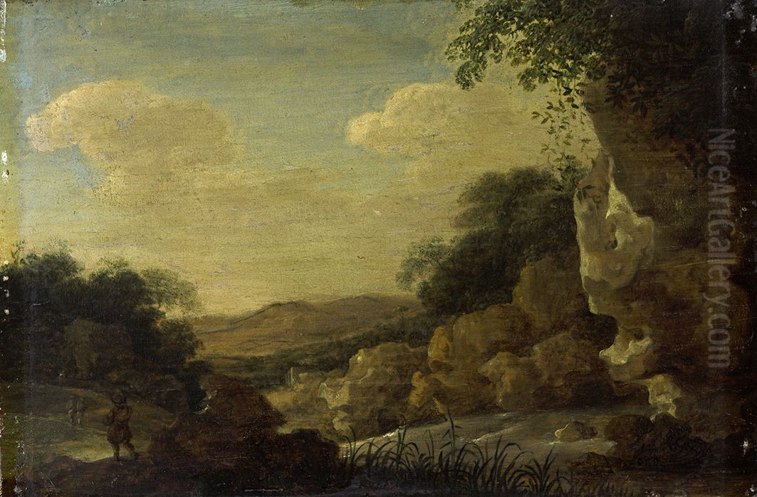 Berglandschap met wandelaars langs een rivier Oil Painting by Herman Saftleven