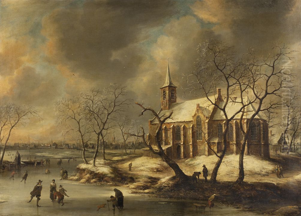 Kerk te Kudelstaart in de winter, Oil Painting by Jan Abrahamsz Beerstraaten