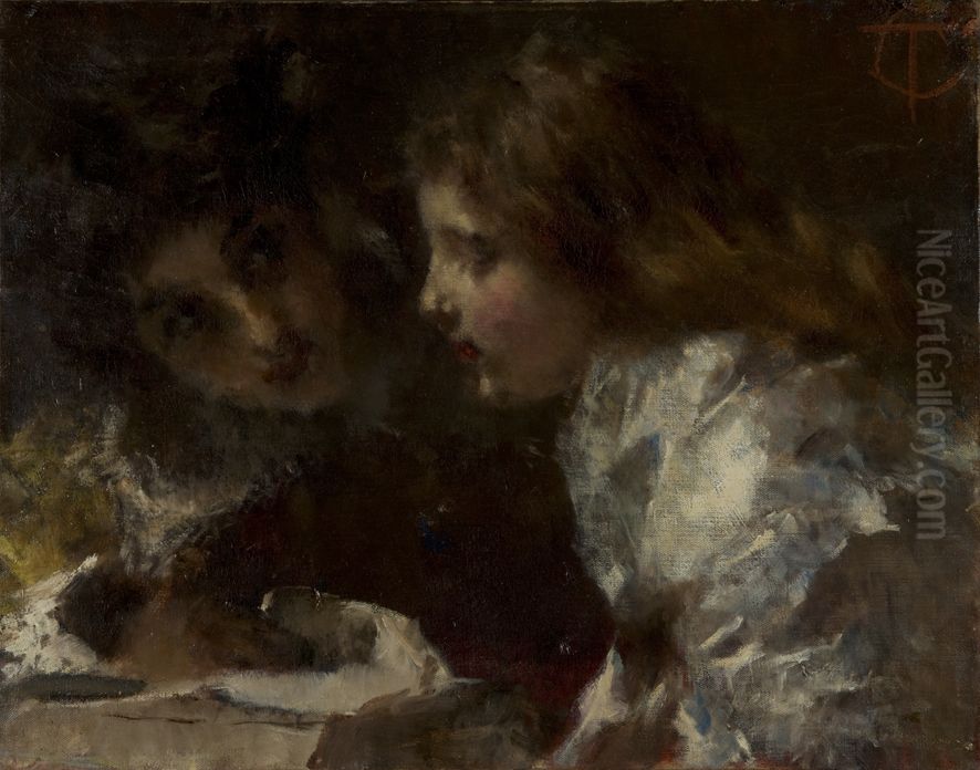 Two children Oil Painting by Tranquillo Cremona