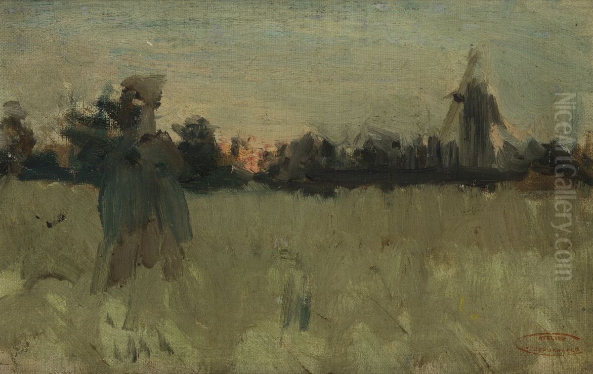 Studie van landschap met molen, Oil Painting by Jozef Israels