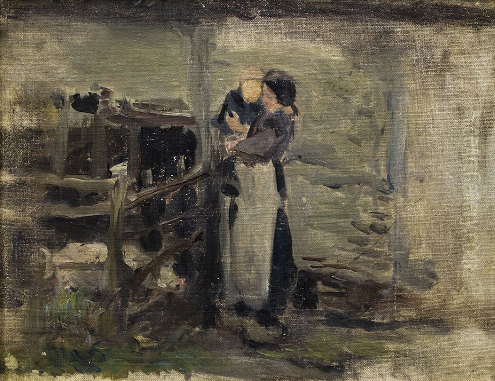 Vrouw met kind bij varkenshok, Oil Painting by Jozef Israels