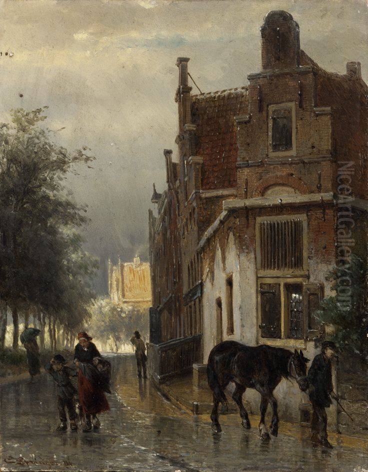 Gezicht aan de haven van Enkhuizen bij regen Oil Painting by Cornelis Springer