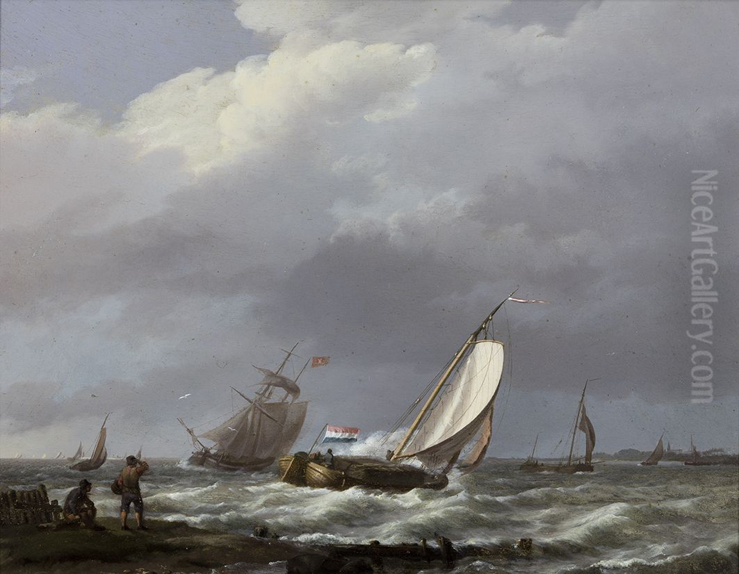 Schepen op ruwe zee Oil Painting by Johannes Hermanus Koekkoek Snr