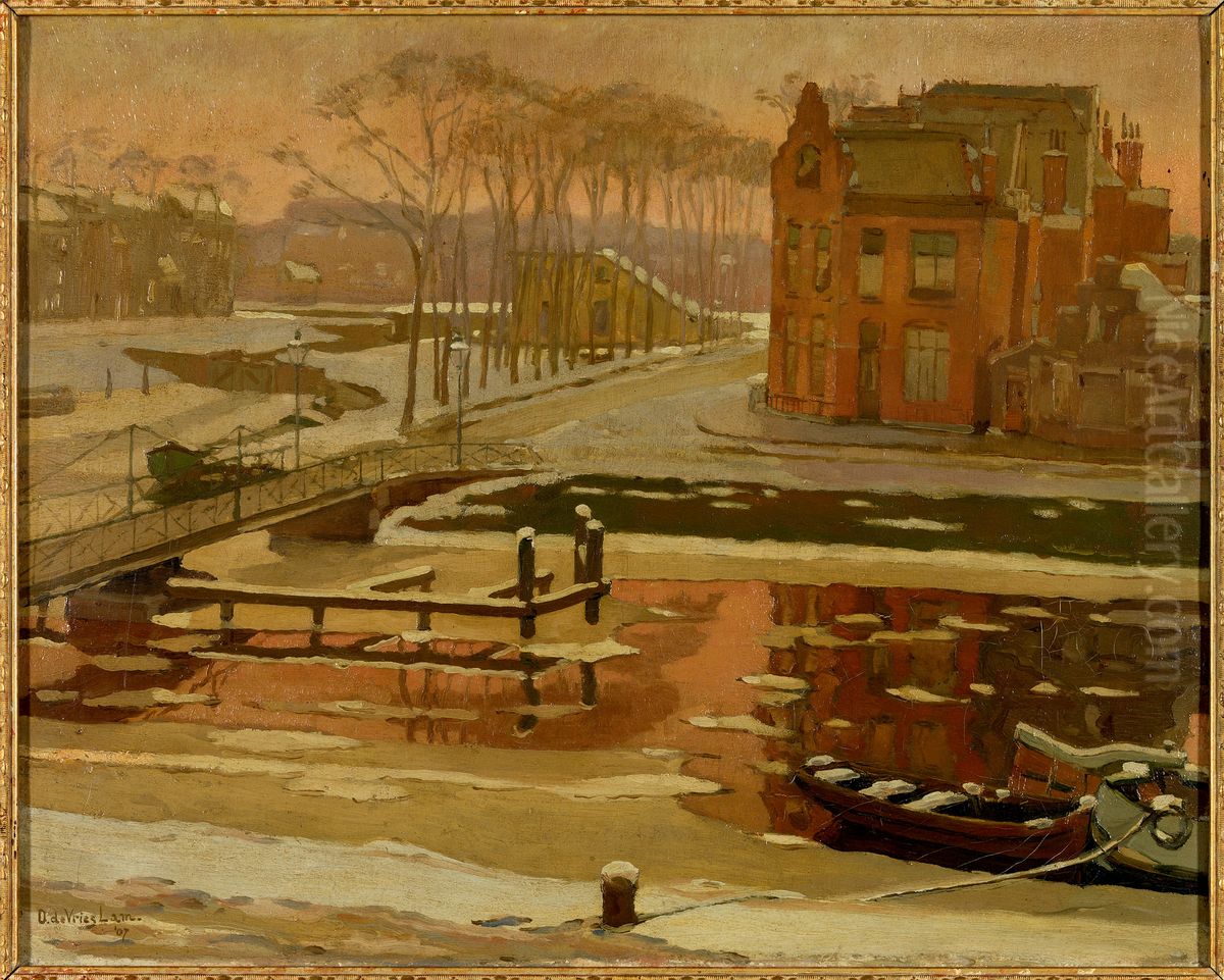 Winter, gezicht vanuit zijn huis aan het Eemskanaal z.z. te Groningen, Oil Painting by Dirk de Vries Lam