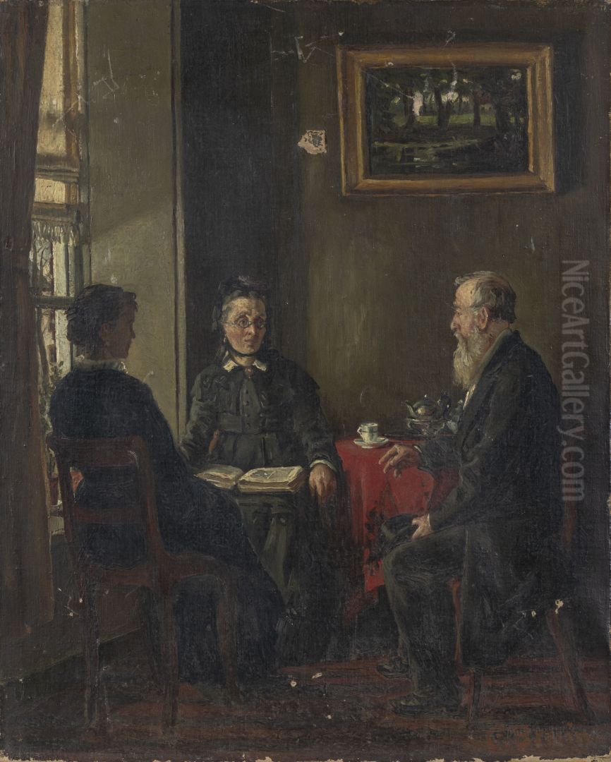 Familiegroep bij theetafel, Oil Painting by Clara Bruins