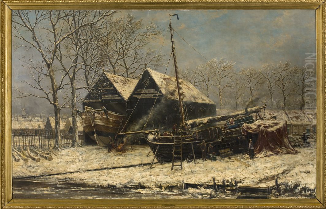 Winter landscape with the former Zuiderscheepshelling Oil Painting by Hendrik Willem Mesdag