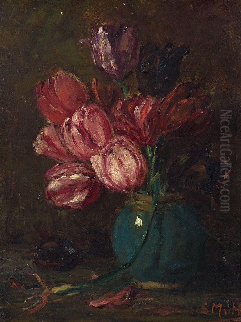Bloemstuk, tulpen, Bloemstilleven met rode tulpen, Oil Painting by Sina Mesdag-van Houten