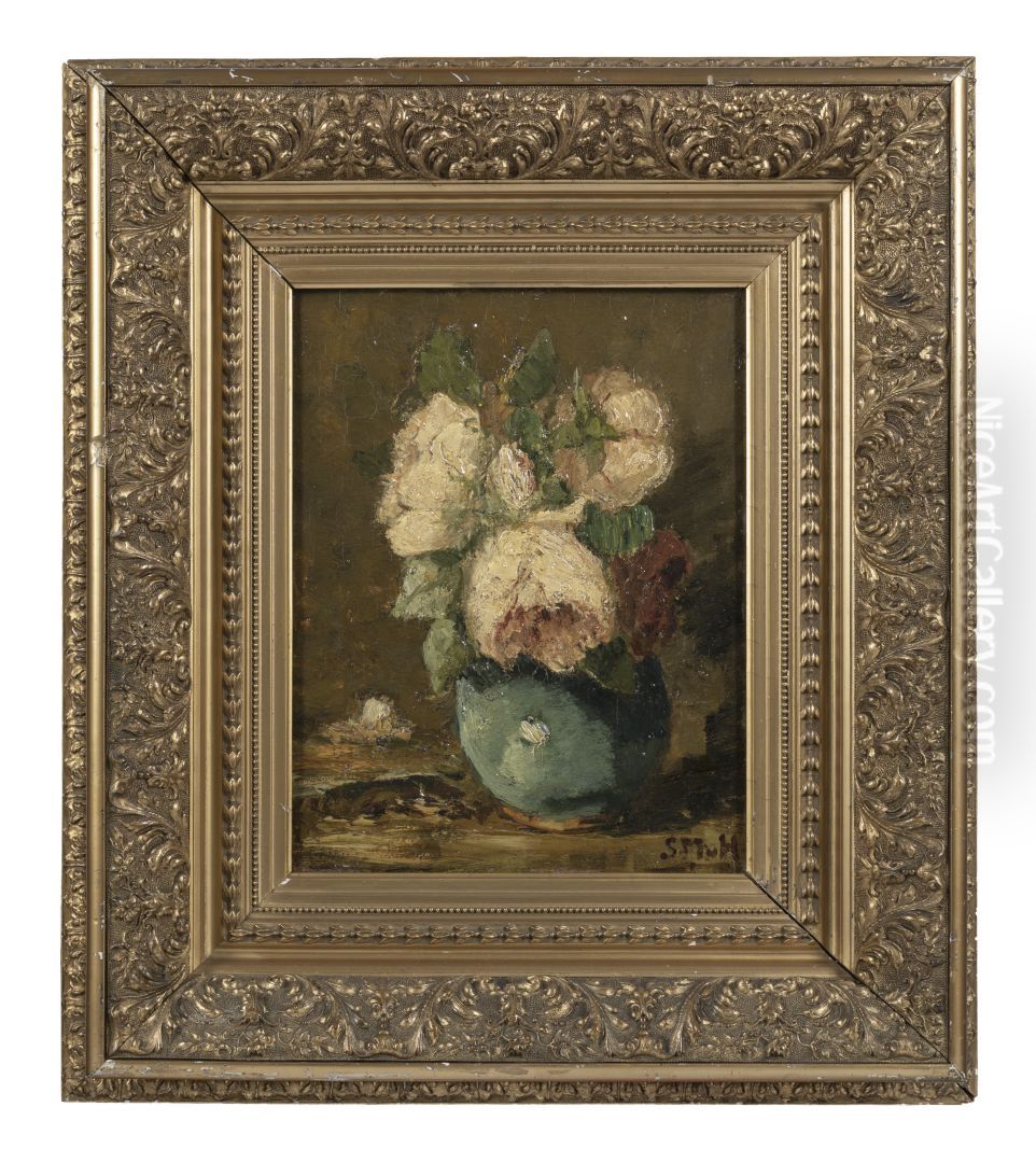 Witte en rode pioenrozen in groene pot, Oil Painting by Sina Mesdag-van Houten