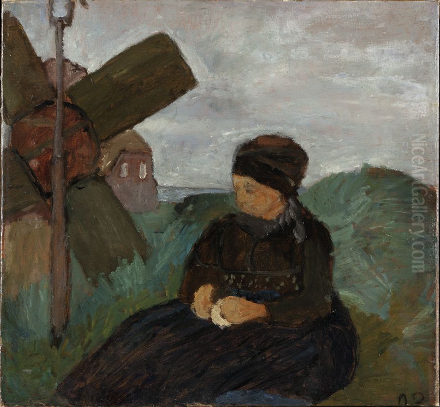 Oostfries meisje in de duinen, Friezin zittend in de duinen met windmolen, Oil Painting by Paula Modersohn-Becker