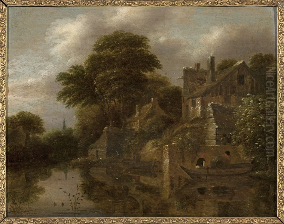 Huizen aan de waterkant, Oil Painting by Nicolaes Molenaer