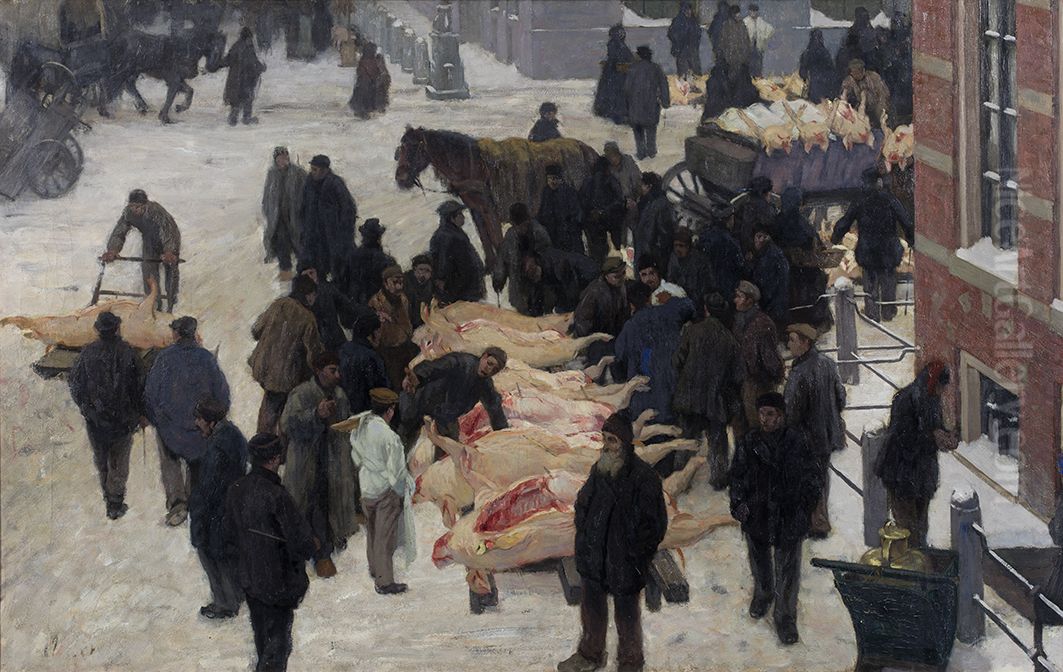 Varkensmarkt op de Grote Markt, Groningen, Oil Painting by Ferdinand Oldewelt