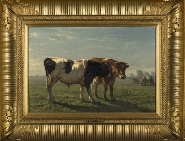 Two bulls in a meadow, a summers day Oil Painting by Johannes-Hubertus-Leonardus de Haas
