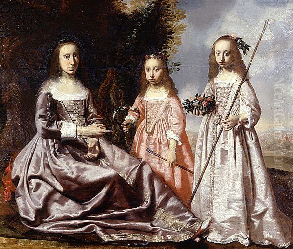 Family portrait of Bouwina Coenders van Helpen (..-1667) and her daughters Gratia Susanna Clant (1630-1690) and Amelia Clant (1633-1695) Oil Painting by Jan de Stomme