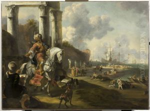 Havengezicht met ruiter in Oosterse dracht,