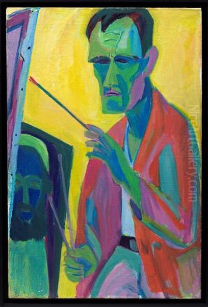 Portat eines Malers im Atelier - Selbstportrat, Oil Painting by Hermann Scherer Portat eines Malers im Atelier - Selbstportrat, Oil Painting by Hermann Scherer