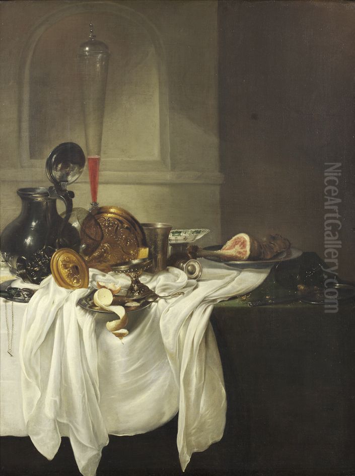 Stilleven met glas- en zilverwerk op een wit doek, op de achtergrond een nis Oil Painting by Jan Jansz Den Uyl