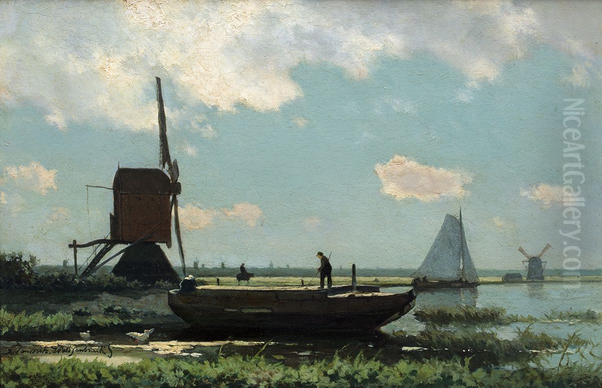 Polderlandschap, Rivierlandschap met schuit, Oil Painting by Johan Hendrik Weissenbruch