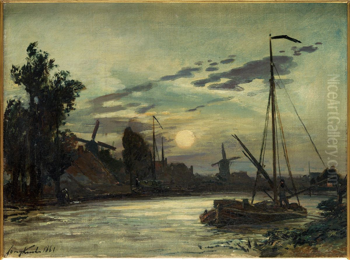 Rivierlandschap bij avond Oil Painting by Johan Jongkind