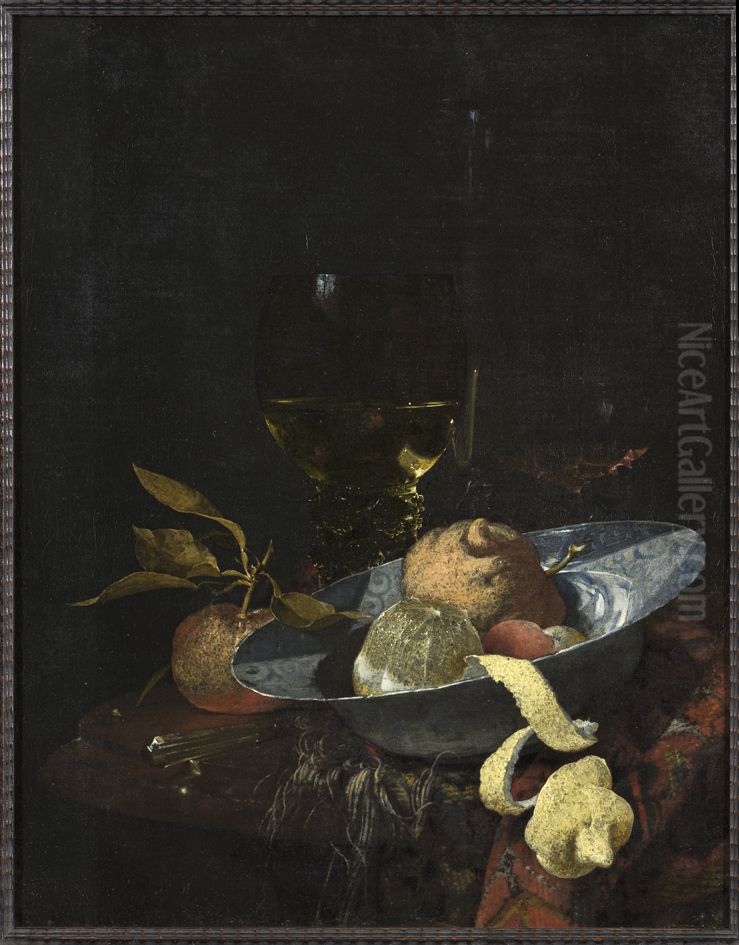 Still life with a porcelain bowl with fruit and glasses on a round marble table Oil Painting by Willem Kalf
