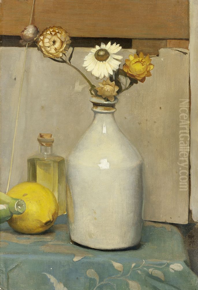 Still life with flowers, lemon and a piggy-bank Oil Painting by Piet Meiners