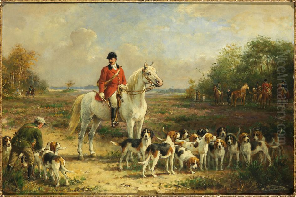 Ontkoppeling der meute, Rendez-vous voor de vossenjacht, Oil Painting by Otto Erelman