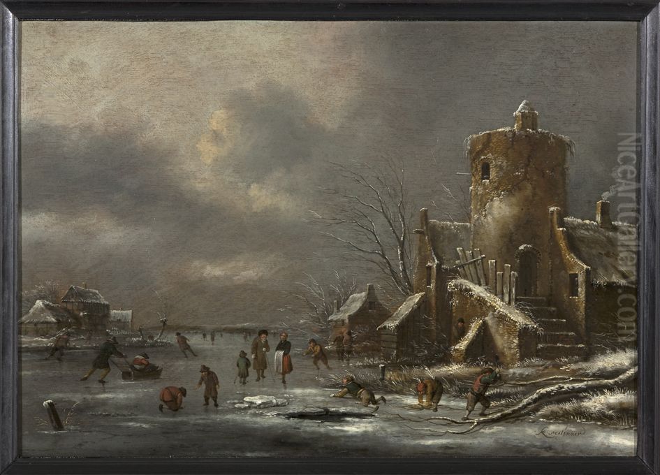 Winterlandschap metschaatsers bij een ruine Oil Painting by Nicolaes Molenaer