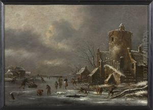 Winterlandschap metschaatsers bij een ruine