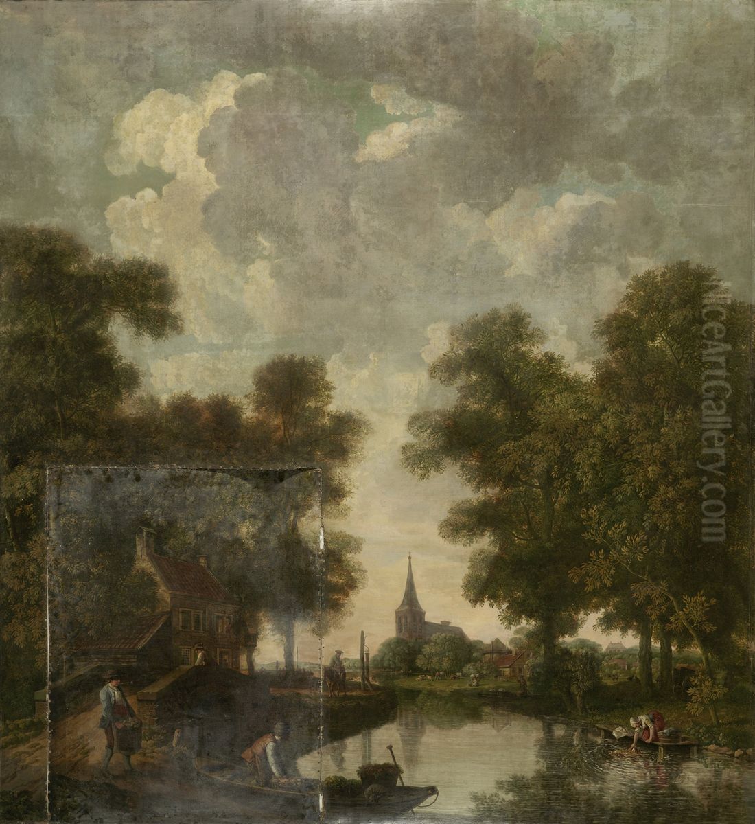 Behangselschildering met een Hollands landschap met rivier Oil Painting by Jurriaen Andriessen
