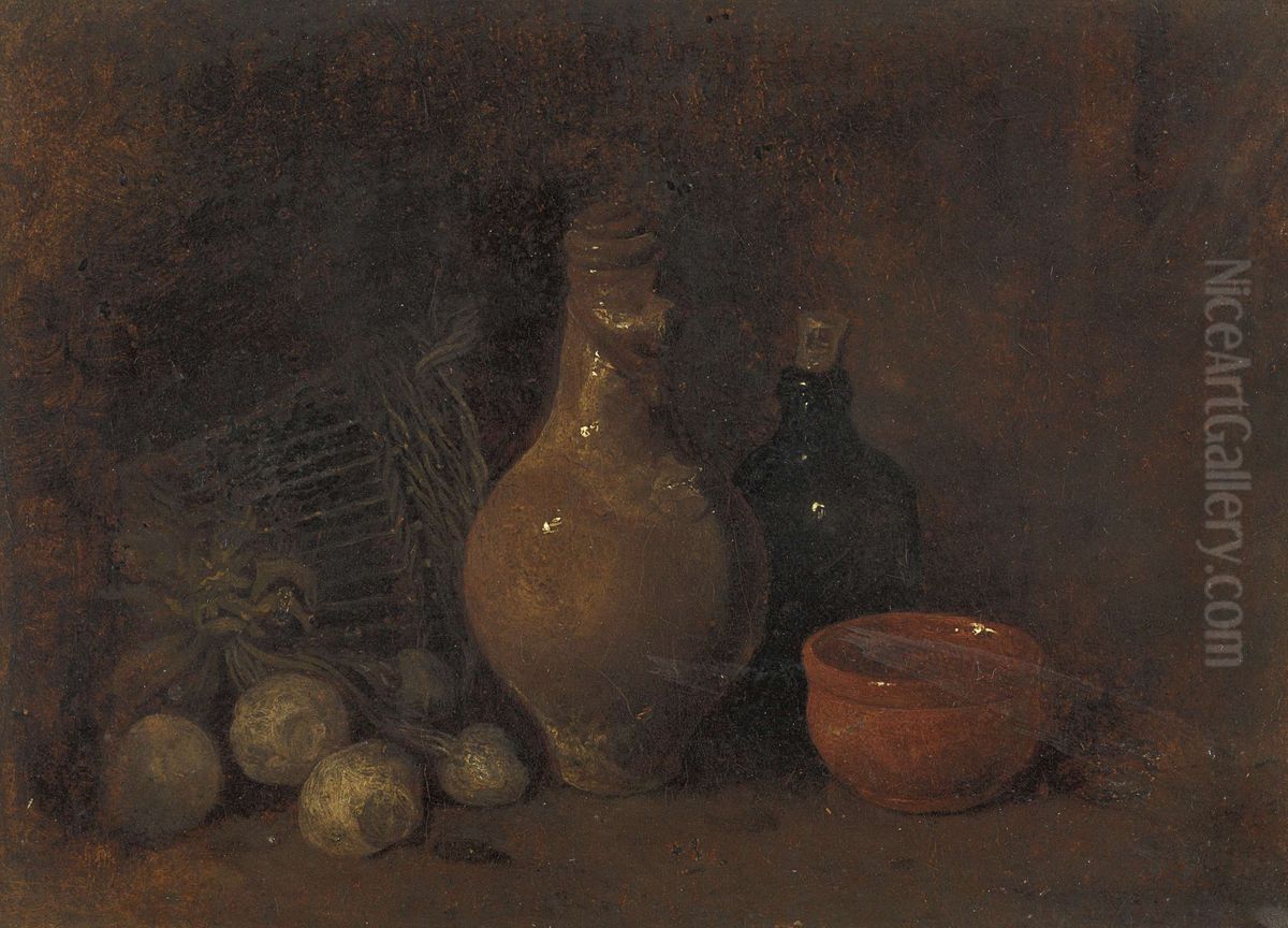 Stilleven met vier vruchten, glas en aardewerk Oil Painting by Francois Bonvin