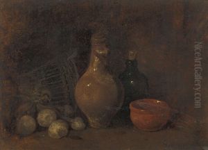 Stilleven met vier vruchten, glas en aardewerk