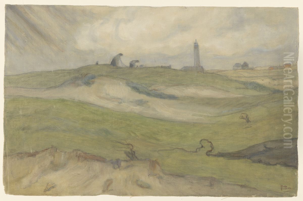 Dune landscape with lighthouse and fishing nets Oil Painting by Frans Smissaert