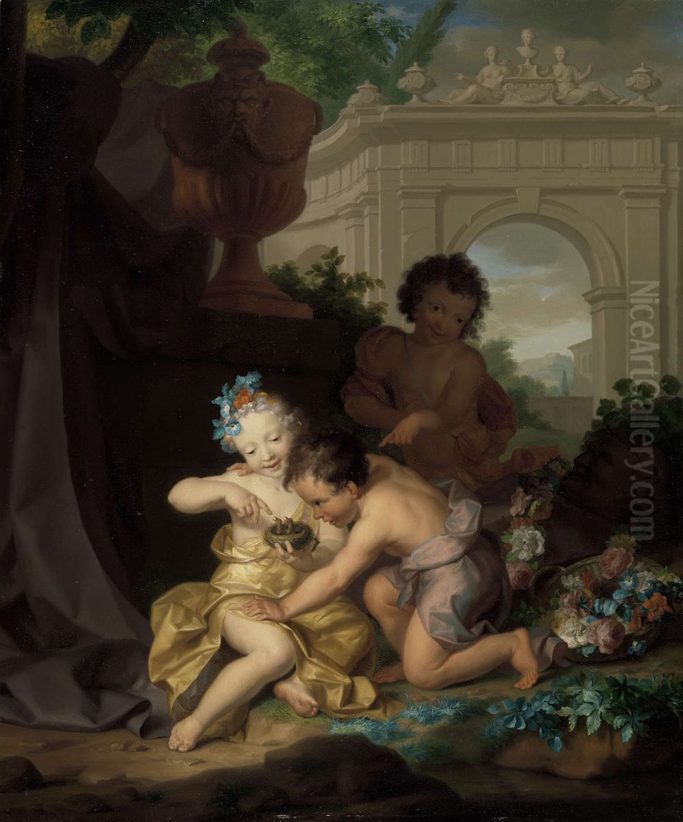 Drie kinderen spelend met een vogelnestje Oil Painting by Isaac Walraven