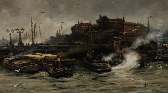 Gezicht op de Wijnhaven met Regentessebrug Oil Painting by August Willem van Voorden