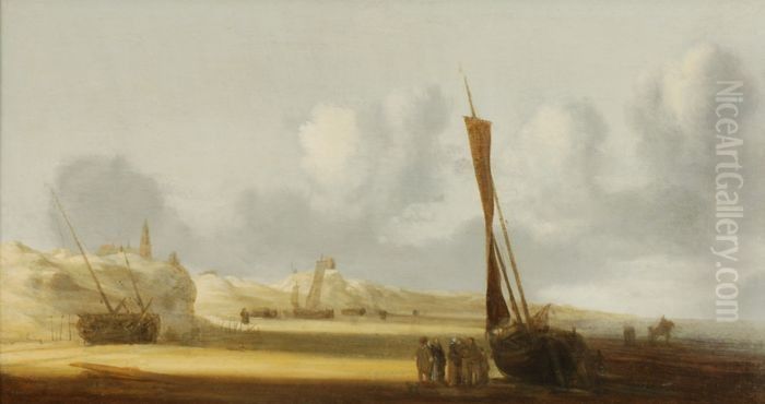Ships at the Beach at Scheveningen Oil Painting by Simon De Vlieger
