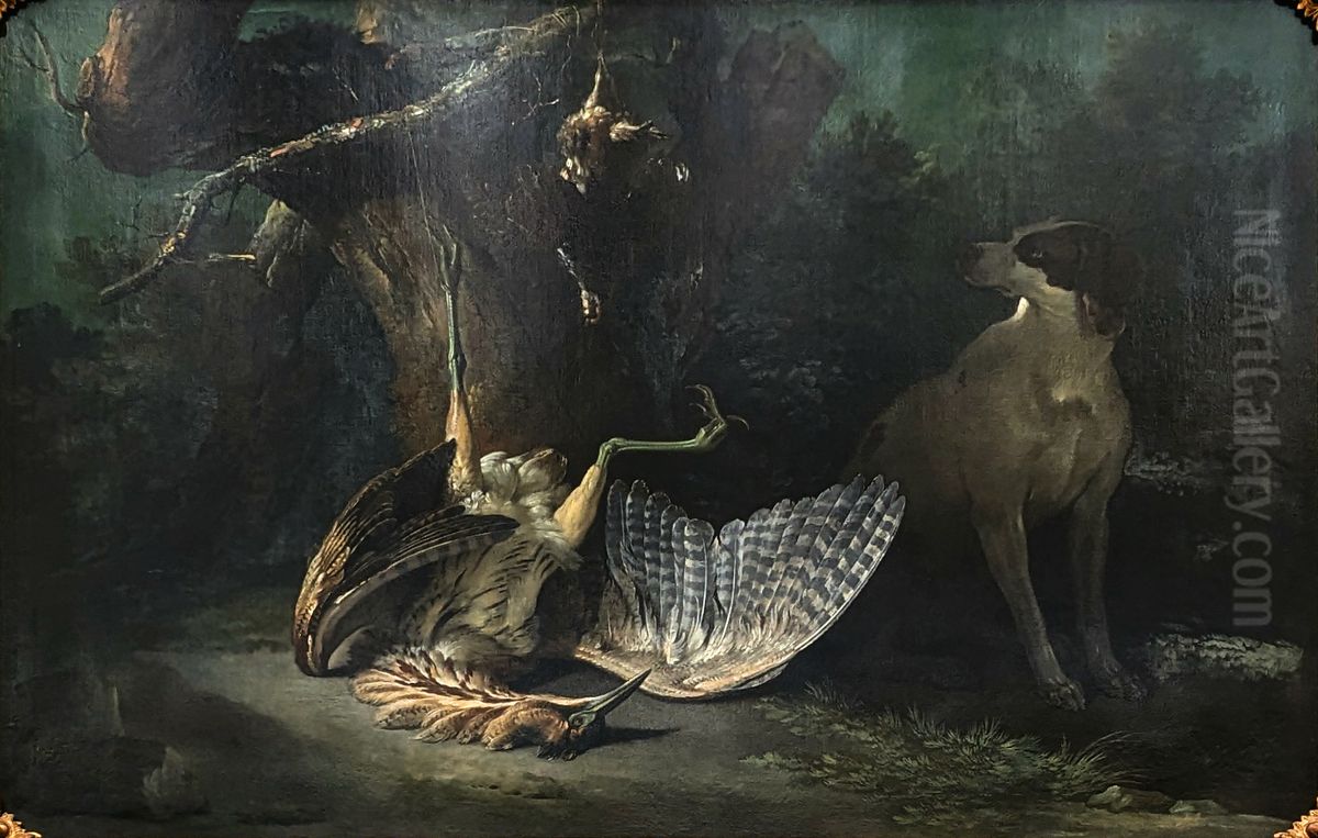 Butor et perdrix gardes par un chien blanc Oil Painting by Jean-Baptiste Oudry