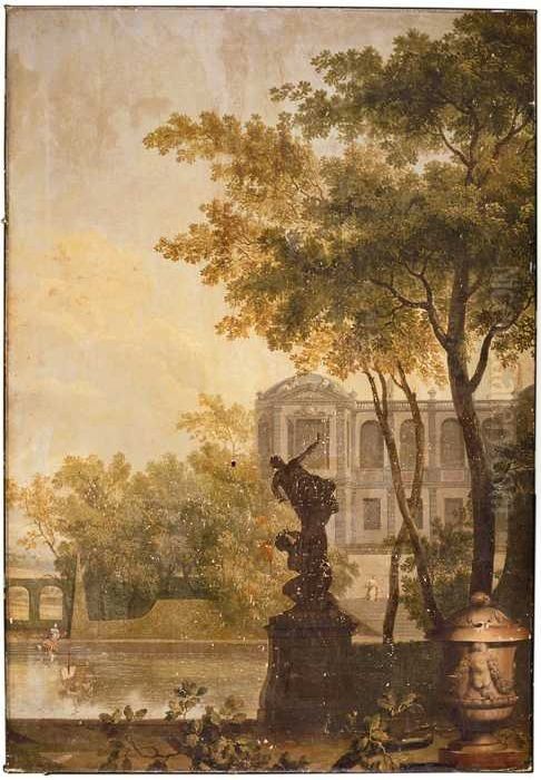 Behangsel met voorstelling parklandschap met beeldhouwwerk, tuinvaas en gebouw op achtergrond Oil Painting by Jan Stolker