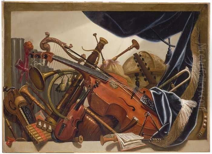 Trofee van muziekinstrumenten en globe Oil Painting by Elias Van Nijmegen