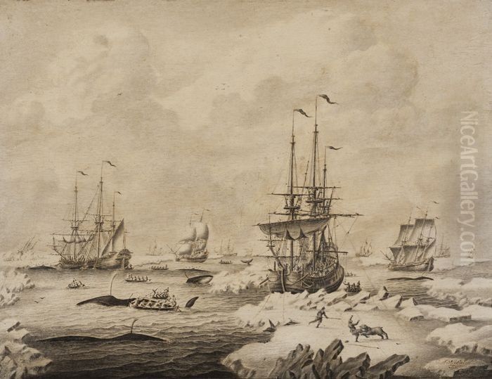 Penschilderij in grijstonen, met walvisvaarders in bedrijf Oil Painting by Adriaen Van Salm