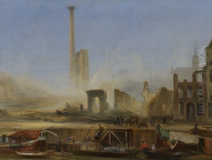 Gezicht op de Leuvehaven Wz na de brand bij de stoomsuikerraffinaderij van P.H. Tromp Oil Painting by Charles Rochussen