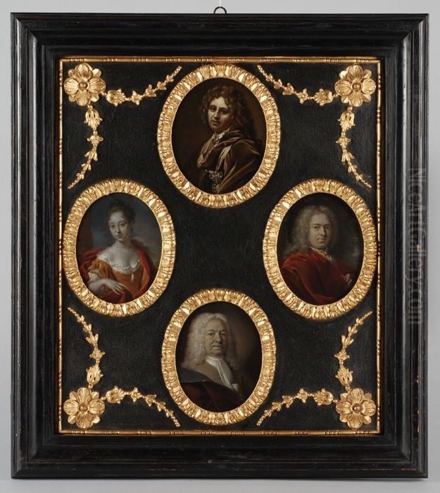 Vier portretjes uit de families Brouwer en Van der Werff bij elkaar in een lijst Oil Painting by Aert Schouman