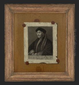 Portret van Desiderius Erasmus geschilderd als trompe-l'oeil papier verzegeld op plank