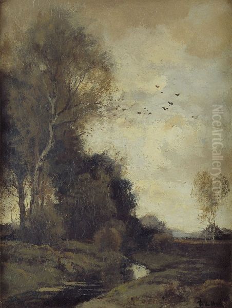 Landschap met bomen aan greppel Oil Painting by Theophile Emile Achille De Bock