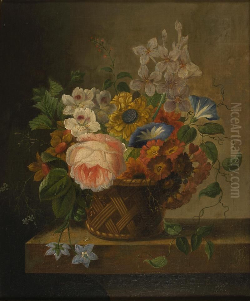 Bloemstuk in korfje op tafel Oil Painting by Eelke Jelles Eelkema