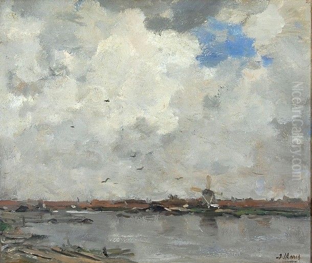Stad in landschap met molen Oil Painting by Jacob Maris